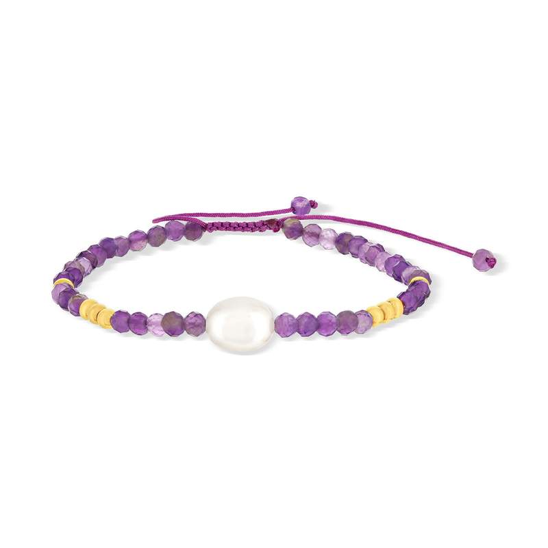Bracelet cordon coton violet améthystes et perle culture de Chine - vue 1