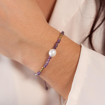 Bracelet cordon coton violet améthystes et perle culture de Chine