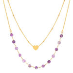 Collier acier doré 2 rangs coeur améthystes 46 cm - vue 1