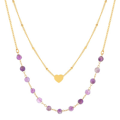 Collier acier doré 2 rangs coeur améthystes 46 cm - vue 1