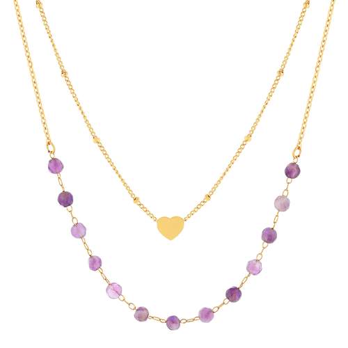 Collier acier doré 2 rangs coeur améthystes 46 cm