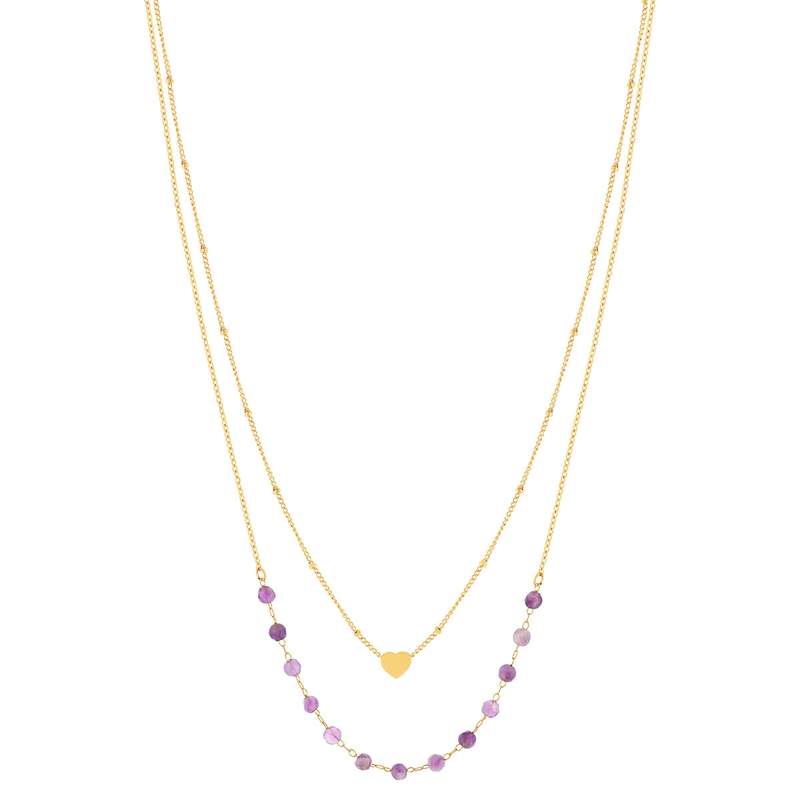 Collier acier doré 2 rangs coeur améthystes 46 cm - vue 2