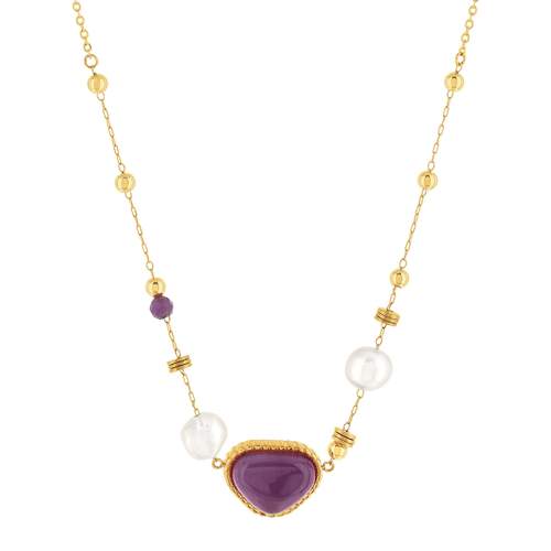 Collier acier doré améthystes et 2 perles de culture de Chine 48 cm