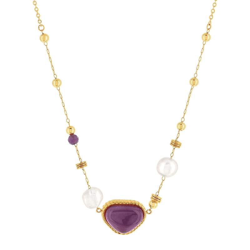 Collier acier doré améthystes et 2 perles de culture de Chine 48 cm - vue 1