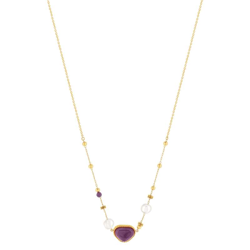 Collier acier doré améthystes et 2 perles de culture de Chine 48 cm - vue 2