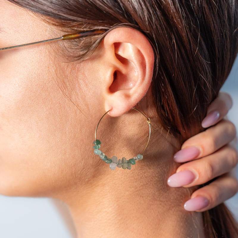 Gold-plated steel hoop earrings green aventurines - view worn 1