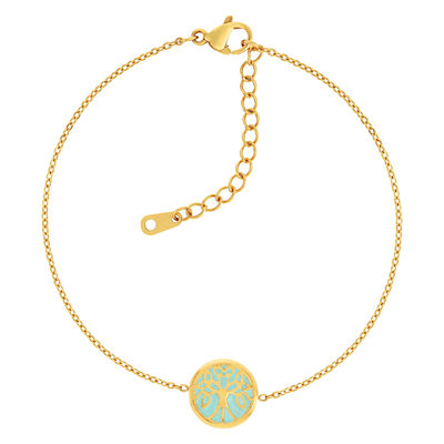 Bracelet acier doré arbre de vie laque verte 20 cm