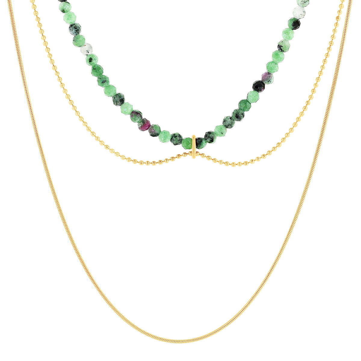 Collier acier doré 3 rangs amazonites vertes 45 cm