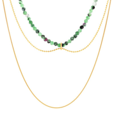 3-row gold-plated steel necklace green amazonites 45 cm