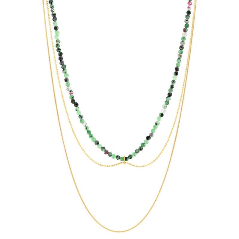 Collier acier doré 3 rangs amazonites vertes 45 cm - vue 2