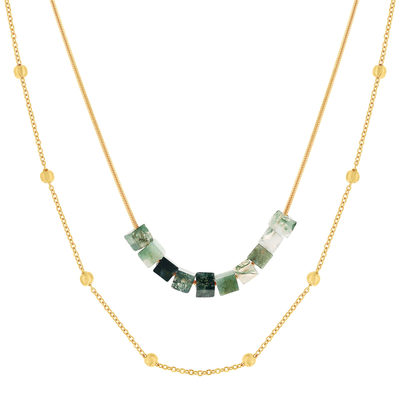 Collier acier doré 2 rangs agates vertes