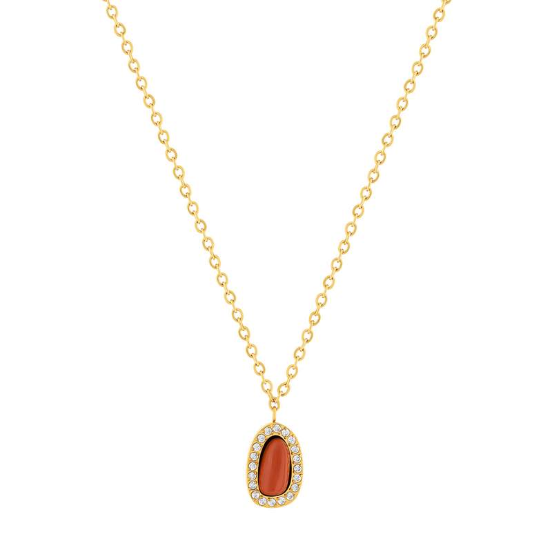 Collier acier doré aventurine orange et zirconias 45 cm - vue 2