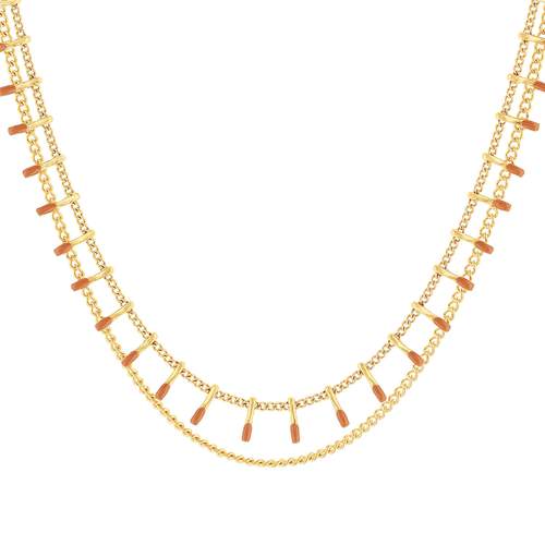 Collier acier doré 2 rangs laque orange 45,5 cm