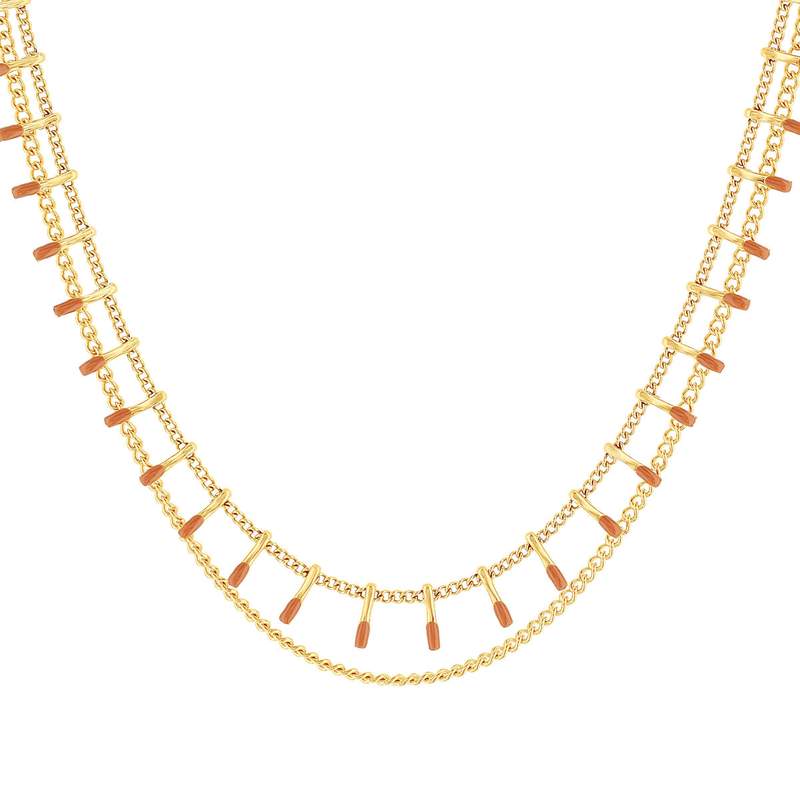 Collier acier doré 2 rangs laque orange 45,5 cm - vue 1