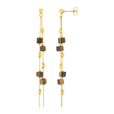 Boucles d'oreilles acier doré pendantes pierres oeil de tigre - vue 1