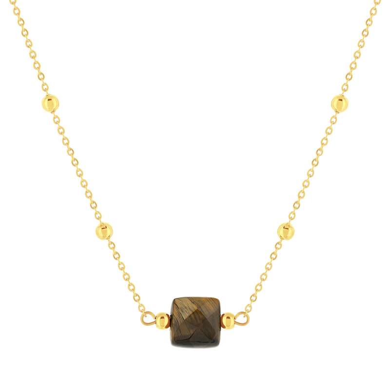 Collier acier doré pierre oeil de tigre 45 cm - vue 1