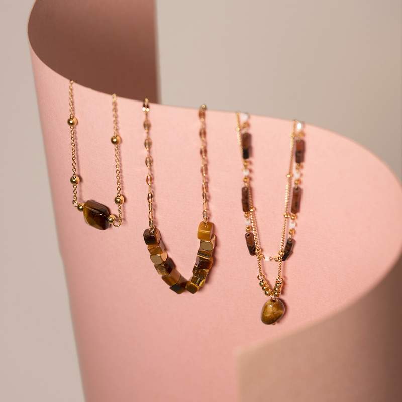 Collier acier doré pierre oeil de tigre 45 cm - vue D1