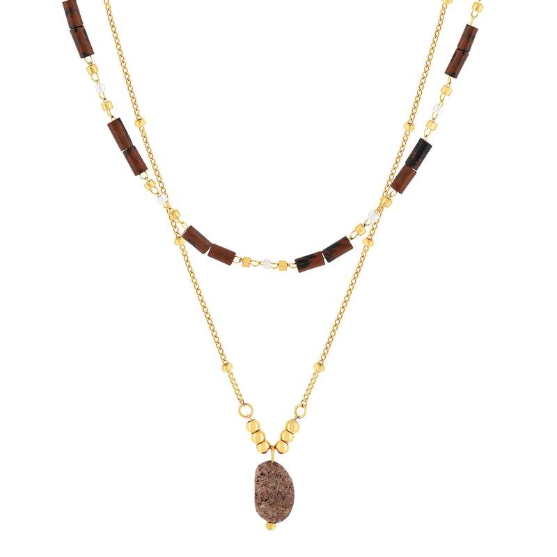 Collier acier doré 2 rangs pierres oeil de tigre 48 cm - vue 1