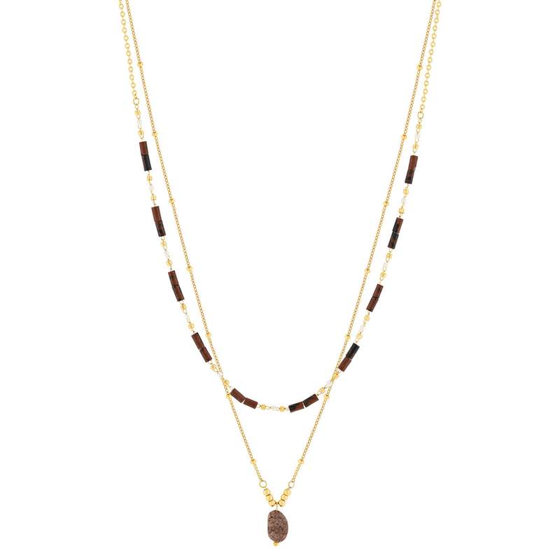 Collier acier doré 2 rangs pierres oeil de tigre 48 cm - vue 2
