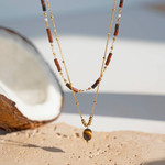 Collier acier doré 2 rangs pierres oeil de tigre 48 cm - vue D1