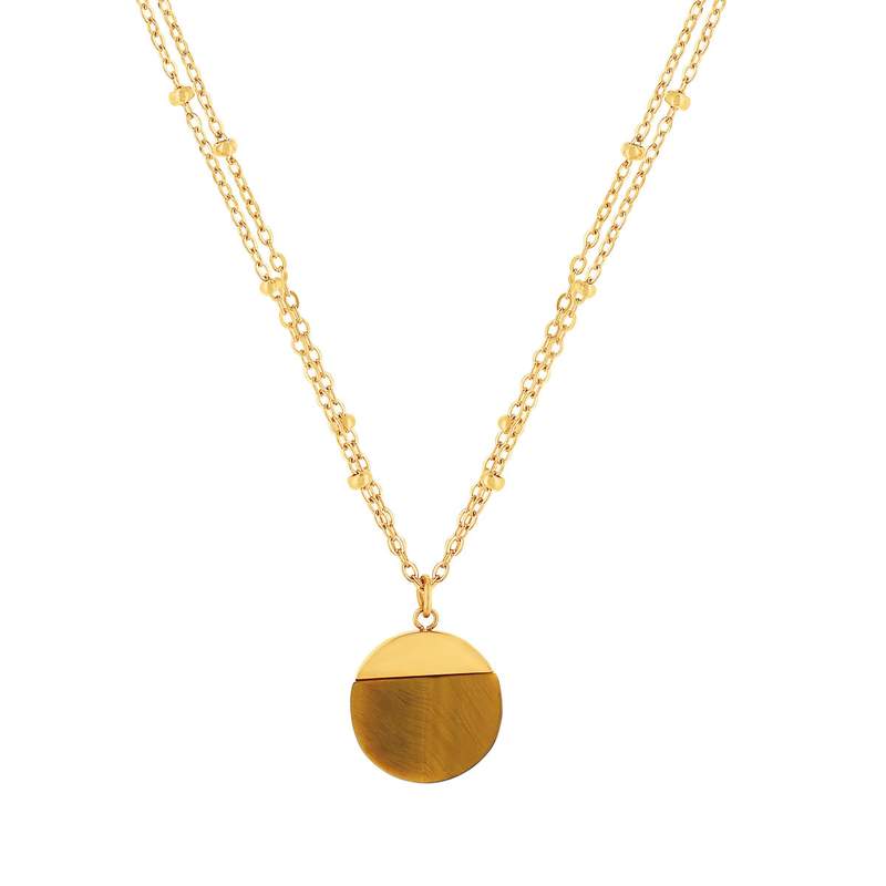 Collier acier doré 2 rangs pierre oeil de tigre 47 cm - vue 1
