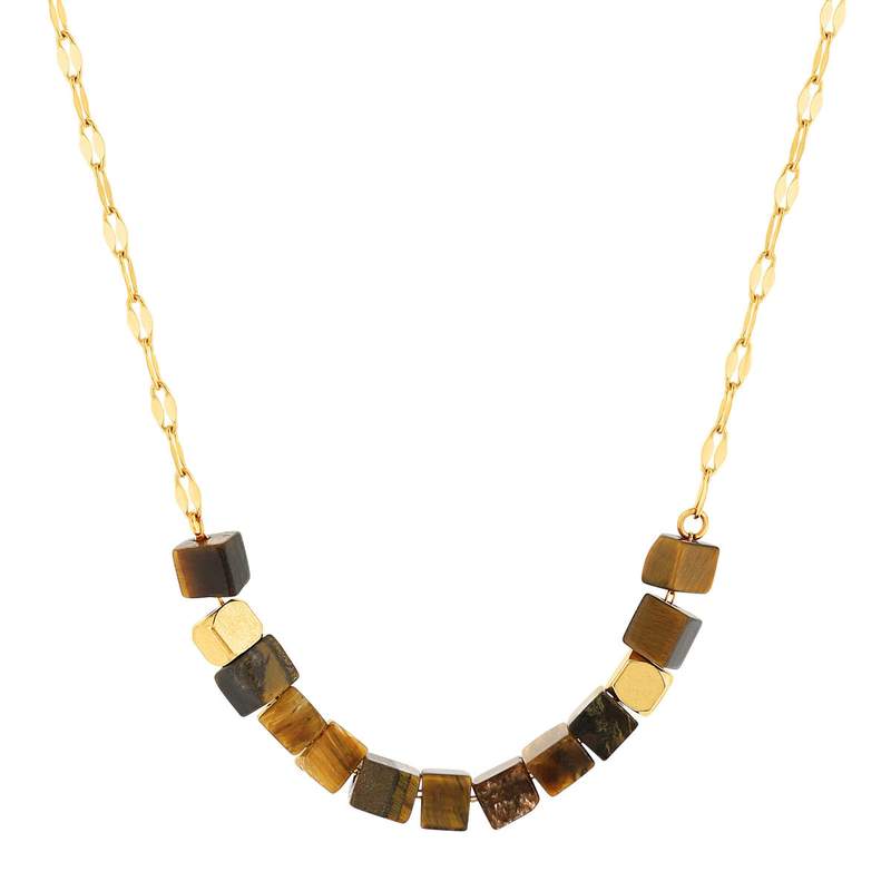 Collier acier doré pierres oeil de tigre 48 cm - vue 1