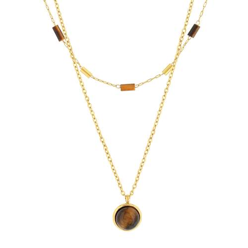 Collier acier doré 2 rangs pierres oeil de tigre 48 cm