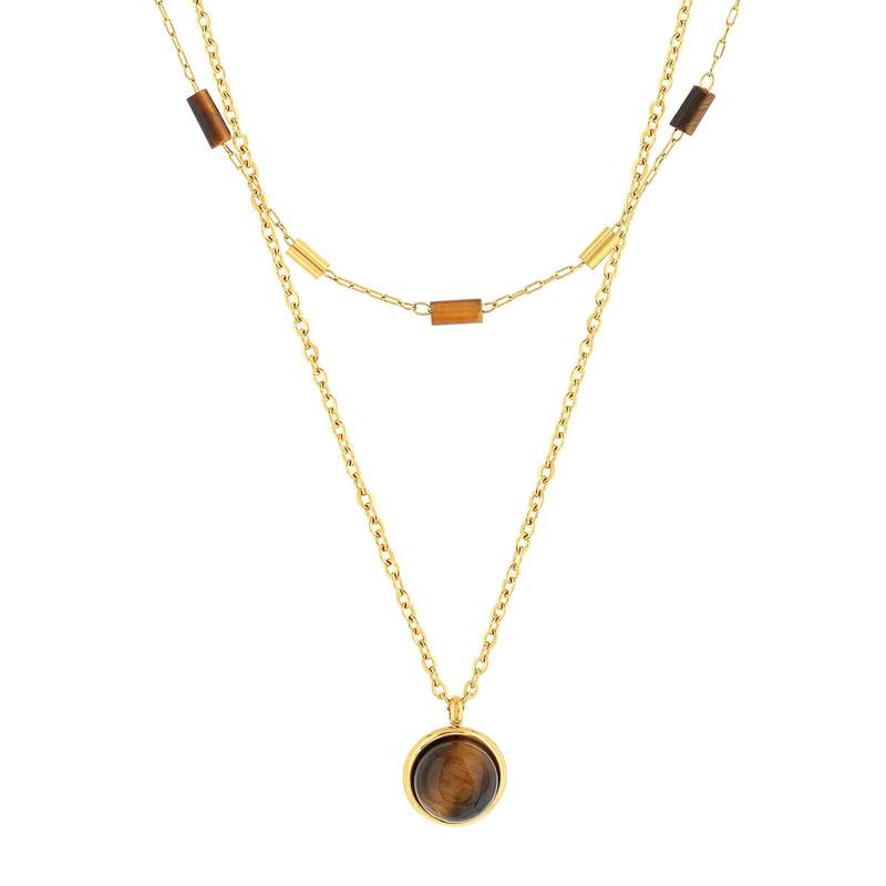 Collier acier doré 2 rangs pierres oeil de tigre 48 cm - vue 1