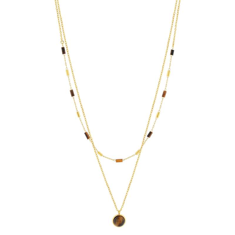 Collier acier doré 2 rangs pierres oeil de tigre 48 cm - vue 2