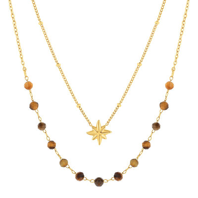 Collier acier doré 2 rangs étoile et pierres oeil de tigre 45 cm