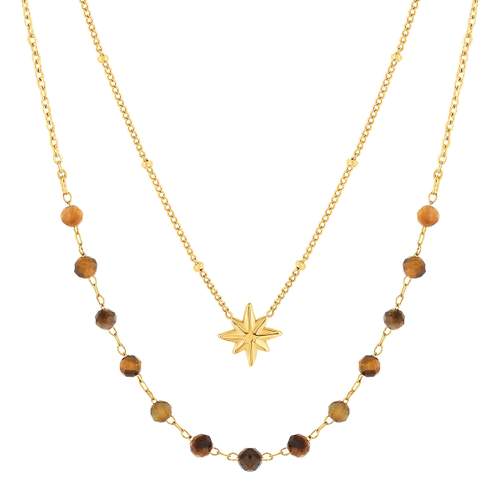 Collier acier doré 2 rangs étoile et pierres oeil de tigre 45 cm