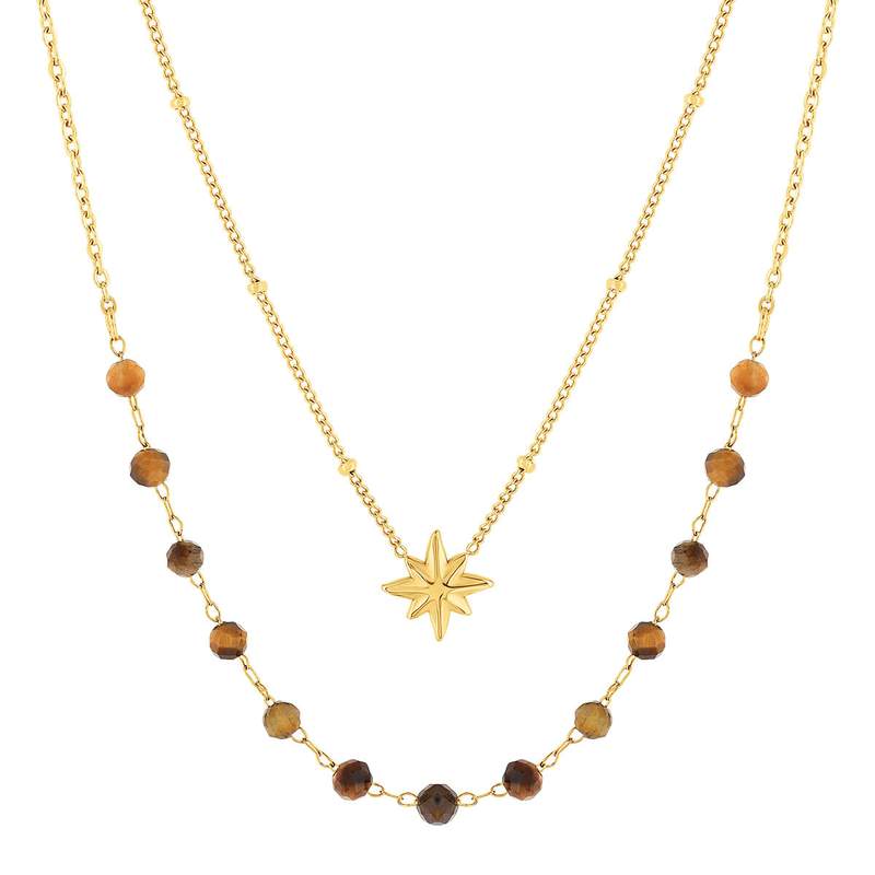 Collier acier doré 2 rangs étoile et pierres oeil de tigre 45 cm - vue 1