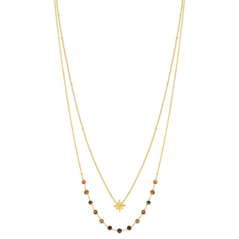 Collier acier doré 2 rangs étoile et pierres oeil de tigre 45 cm - vue 2