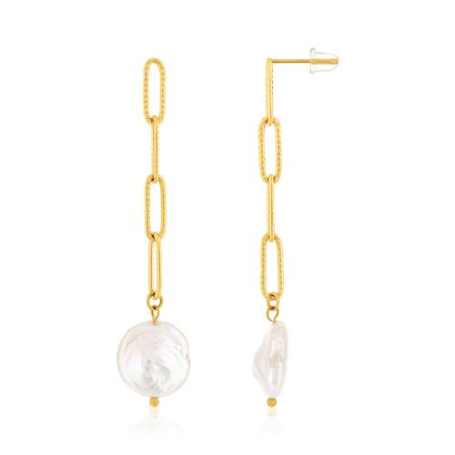 Boucles d'oreilles acier doré pendantes 2 perles d'eau douce