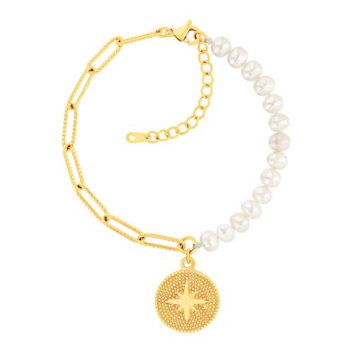 Bracelet acier doré 14 perles d'eau douce 20 cm