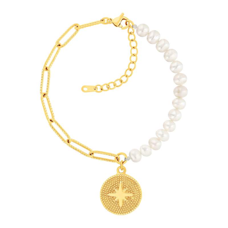 Bracelet acier doré 14 perles d'eau douce 20 cm - vue 1