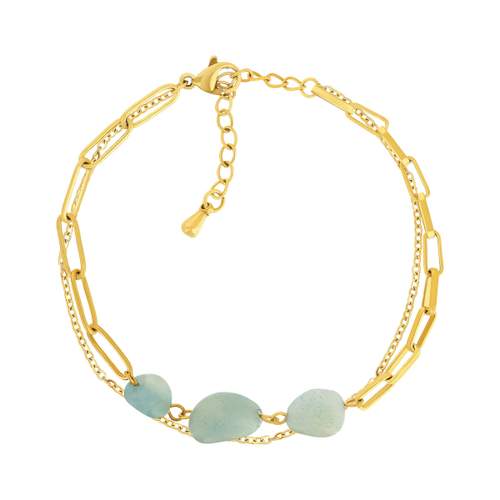 Bracelet acier doré 2 rangs 3 amazonites blanches 20 cm