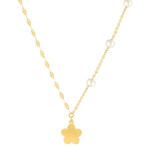 Collier acier doré 4 perles d'eau douce et 1 pampille fleur 45 cm