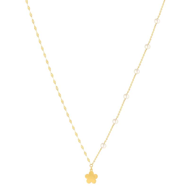 Collier acier doré 4 perles d'eau douce et 1 pampille fleur 45 cm - vue 2