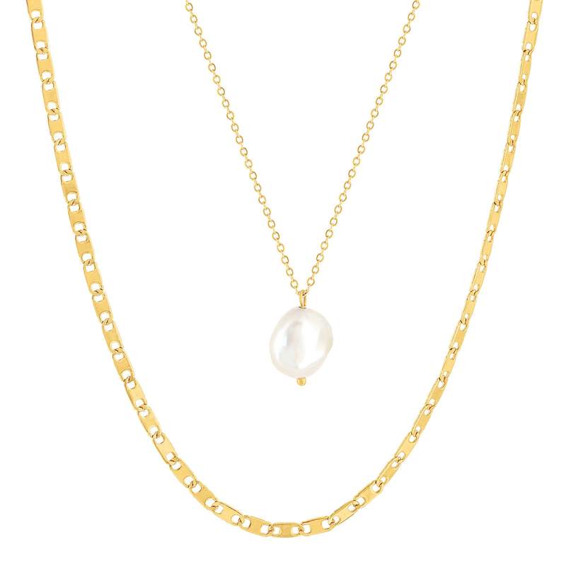 Collier acier doré 2 rangs perle d'eau douce 45 cm - vue 1