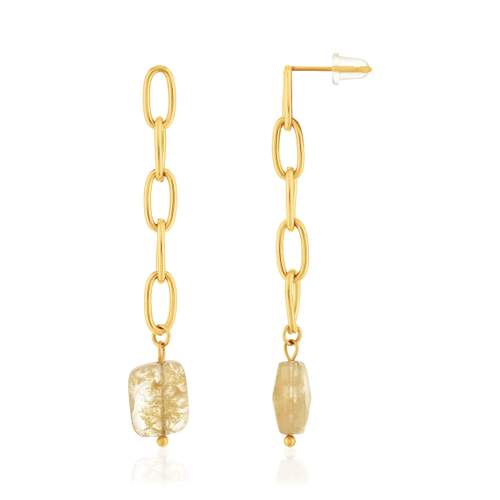 Boucles d'oreilles acier doré pendantes 2 quartz jaunes