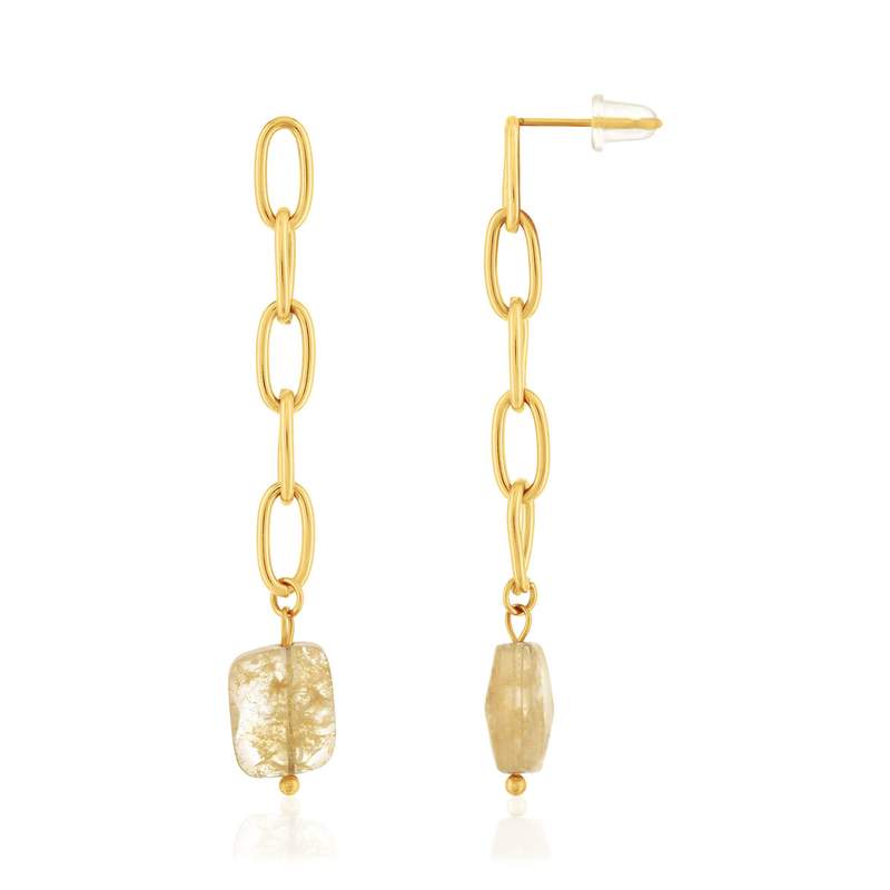 Boucles d'oreilles acier doré pendantes 2 quartz jaunes - vue 1