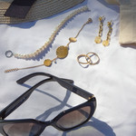 Boucles d'oreilles acier doré pendantes 2 quartz jaunes - vue D1