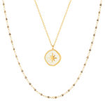 Collier acier doré 2 rangs pampille laque blanche 45 cm - vue 1