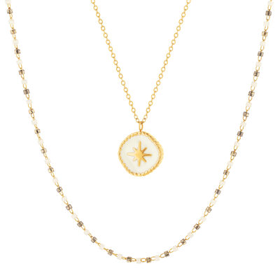 Collier acier doré 2 rangs pampille laque blanche 45 cm