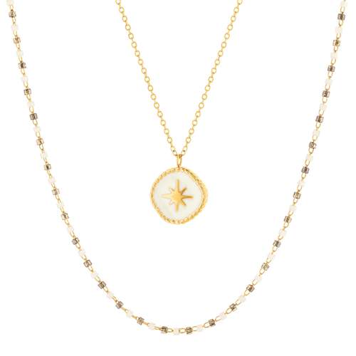 Collier acier doré 2 rangs pampille laque blanche 45 cm