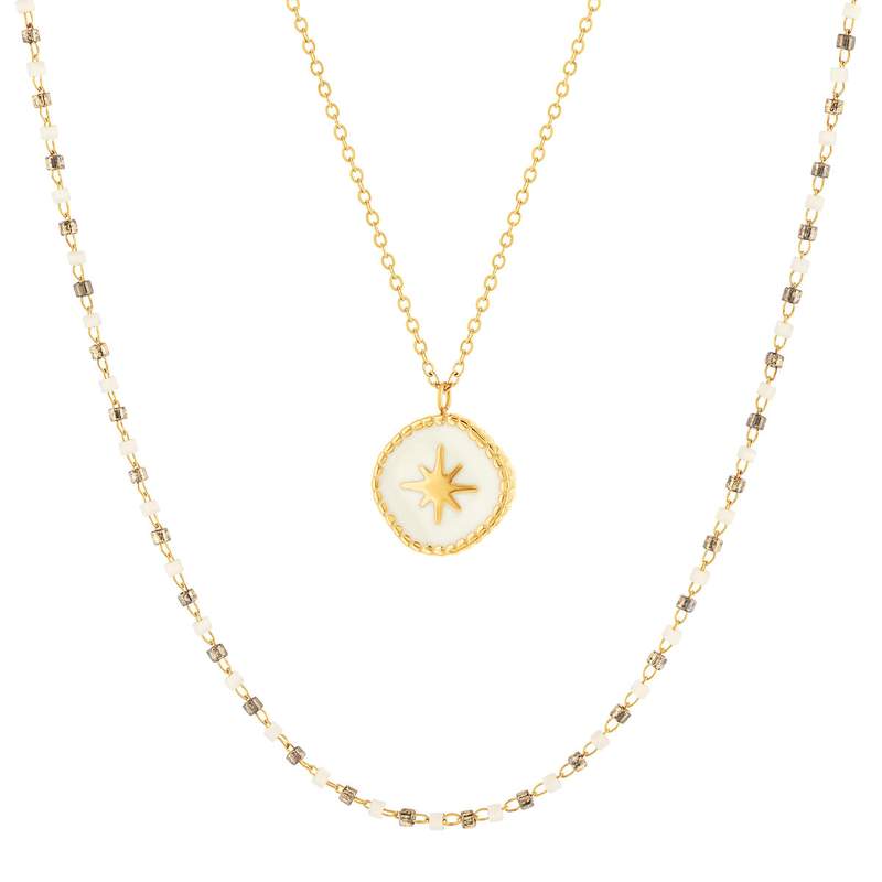 Collier acier doré 2 rangs pampille laque blanche 45 cm - vue 1
