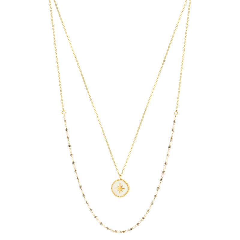 Collier acier doré 2 rangs pampille laque blanche 45 cm - vue 2
