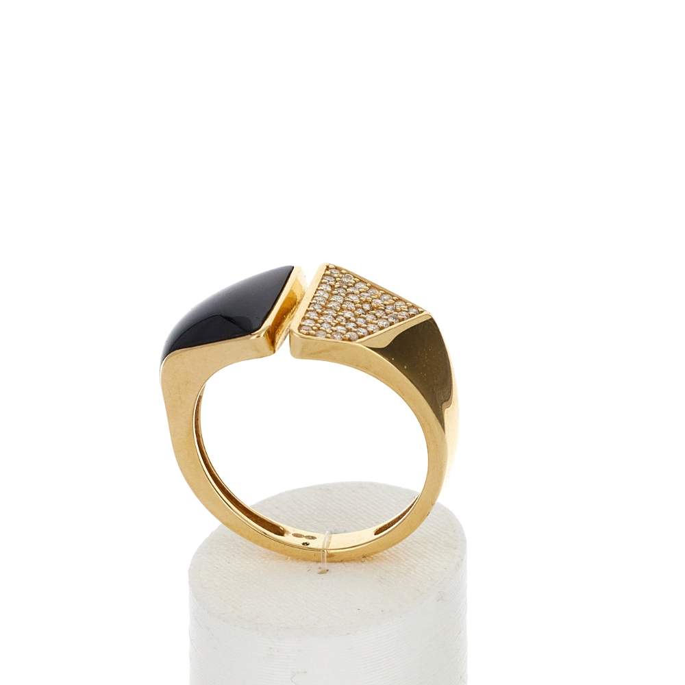 Bague or 375 jaune ouverte résine noire et zirconias - vue 2