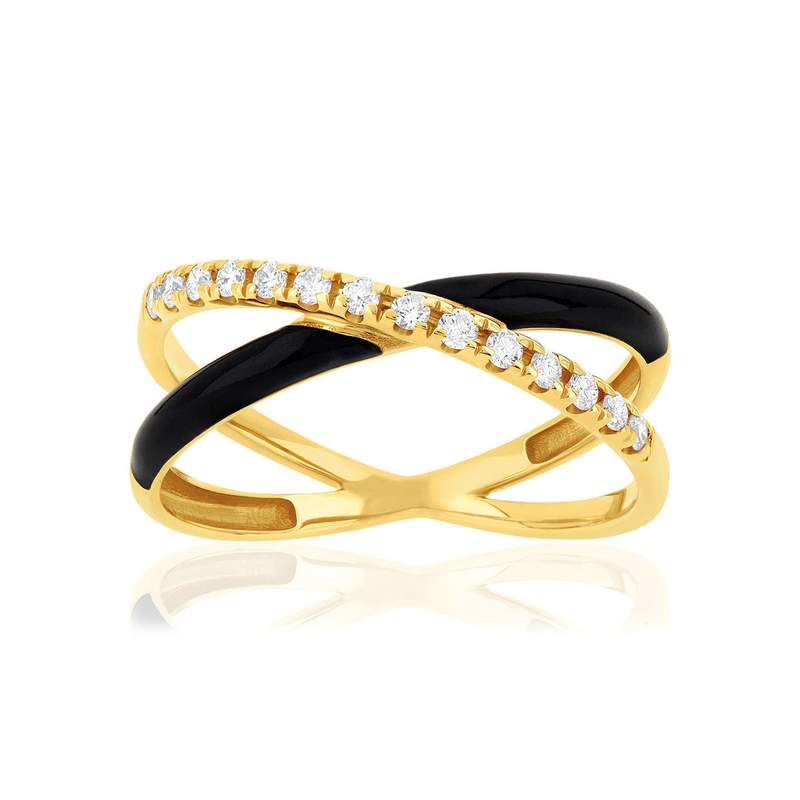 Bague or 375 jaune résine noire et zirconias - vue 1